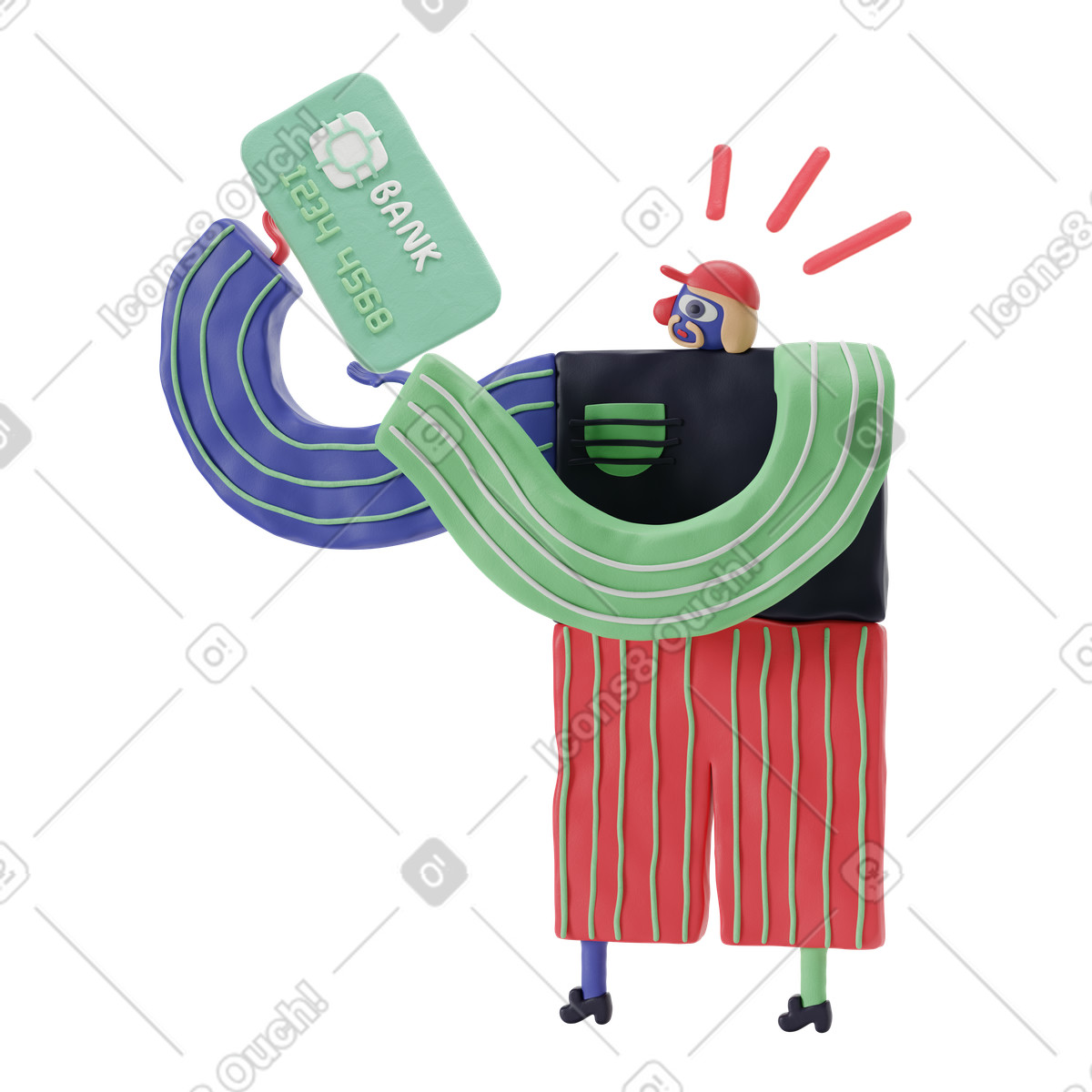 Illustration Homme tenant une carte bancaire vert clair dans le style 3D Stripy à télécharger aux formats PNG, SVG