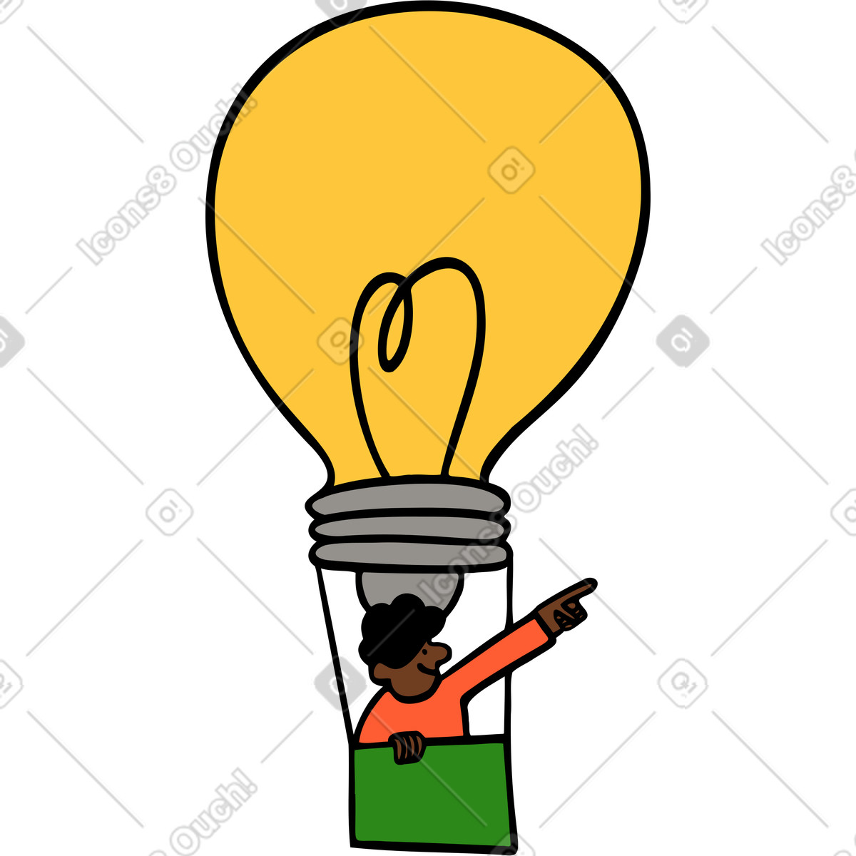 Person flying in a hot air balloon shape of lightbulb illustration Comic style download PNG, SVG
