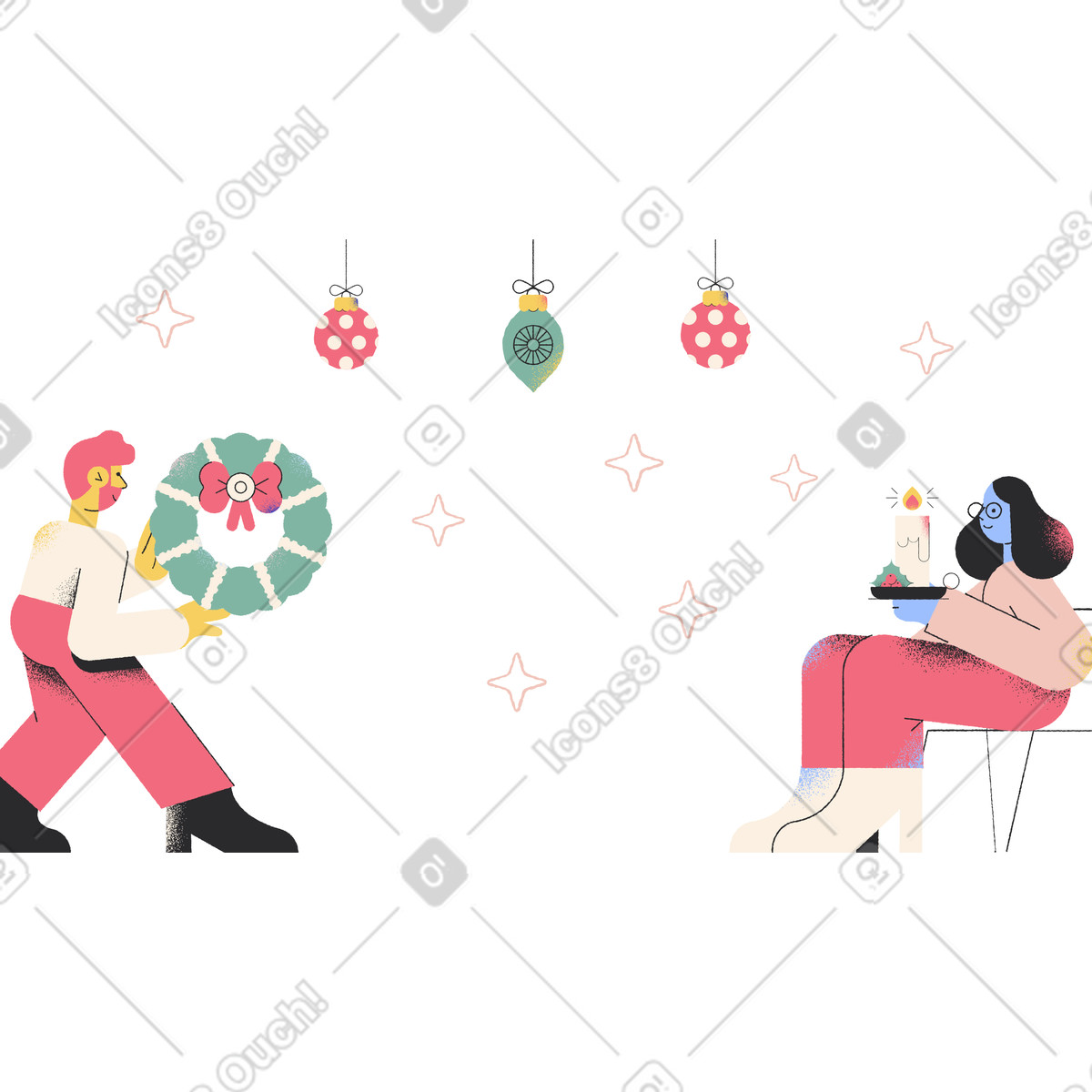 Illustration Couple décorant la maison pour noël dans le style Pablo à télécharger aux formats PNG, SVG