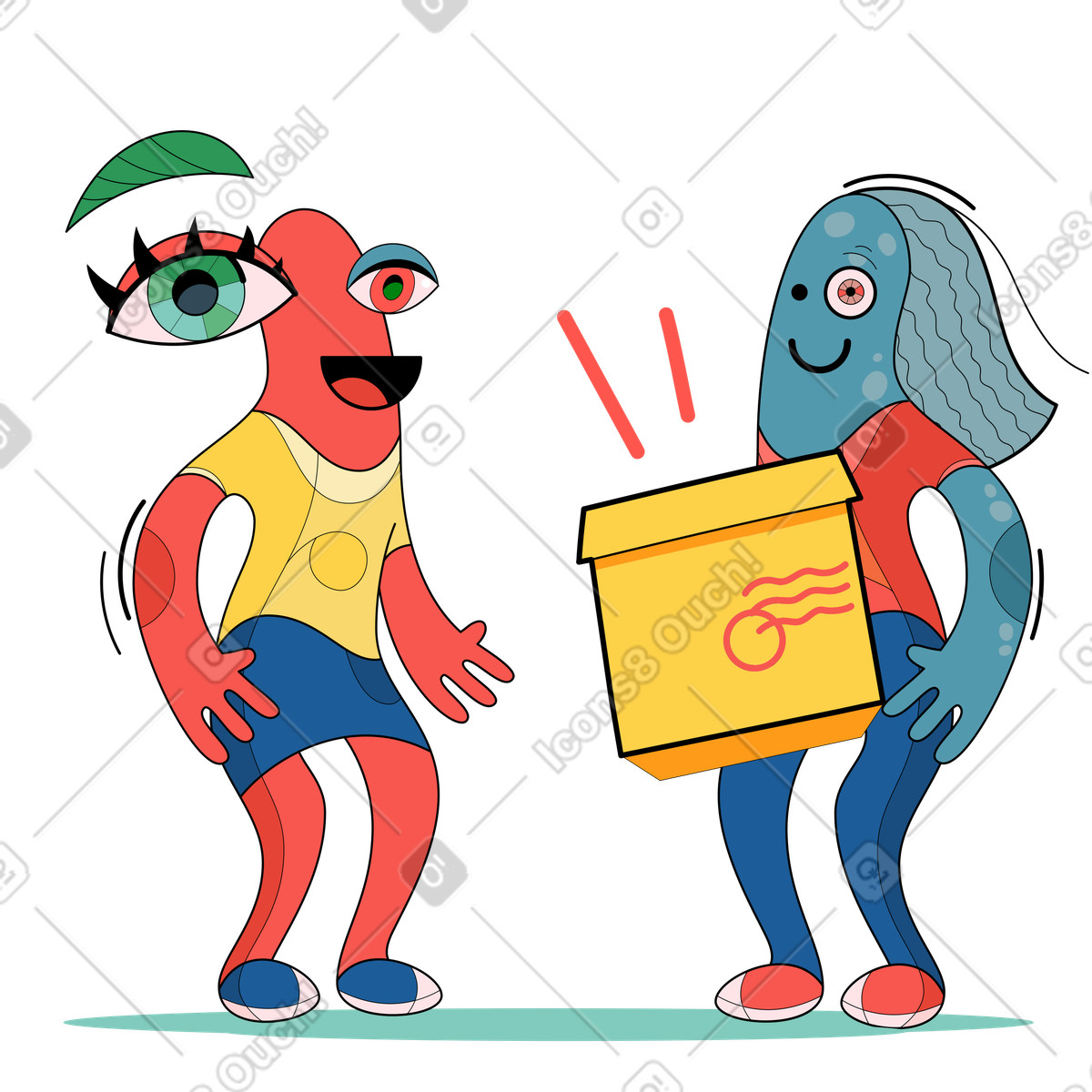 Una persona che riceve scatola di consegna da fattorina illustrazione in stile Surr scarica in PNG, SVG