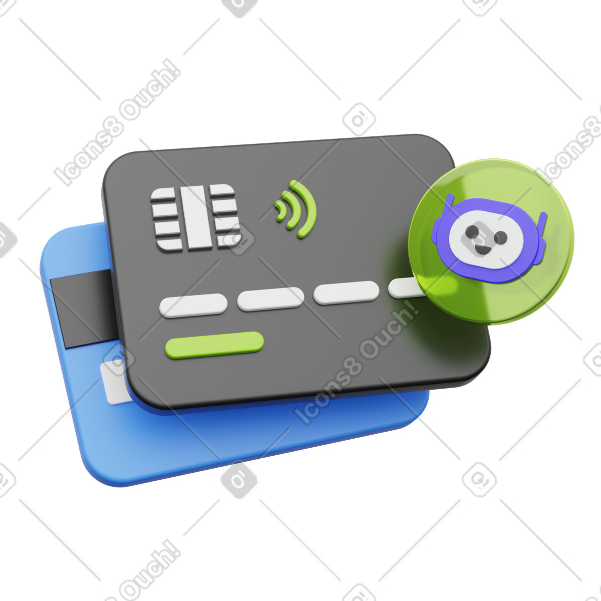 Credit card with chatbot icon, AI assistant, Smart payment system illustration in PNG, SVG