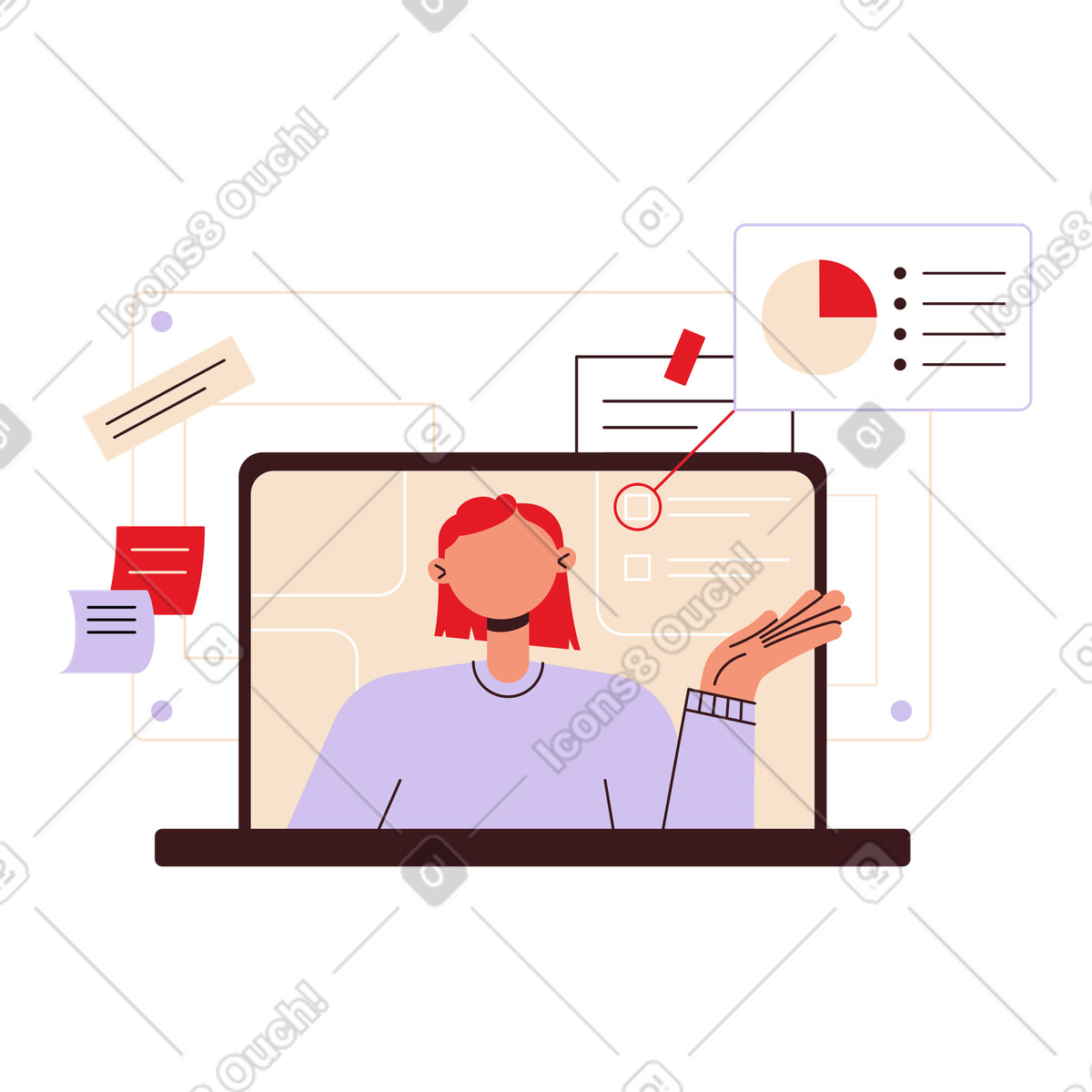 下载 Folks 风格的 使用笔记本电脑在线进行演示的女性 插画，支持 PNG、SVG 格式