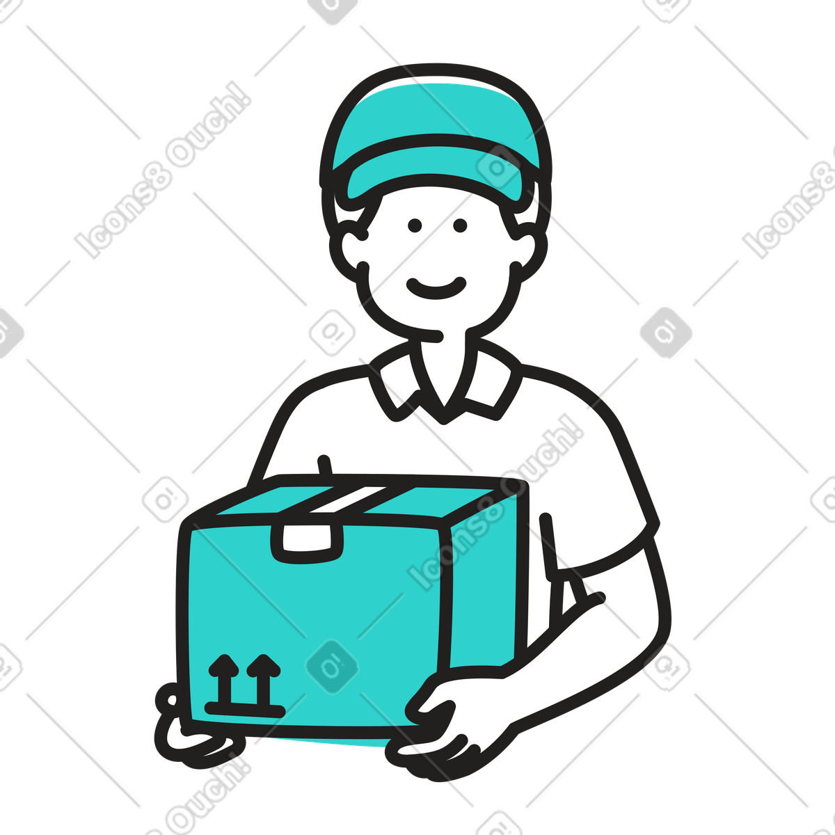 Corriere sorridente che tiene in mano un pacco illustrazione stile Little scarica PNG, SVG