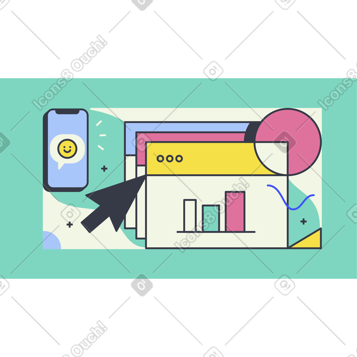 Browser windows with bar chart and smartphone, digital workflow analytics visualization animated illustration in Abstract style download in GIF, Lottie (JSON), AE