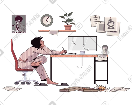 Sad designer working on drawing tablet and computer PNG, SVG