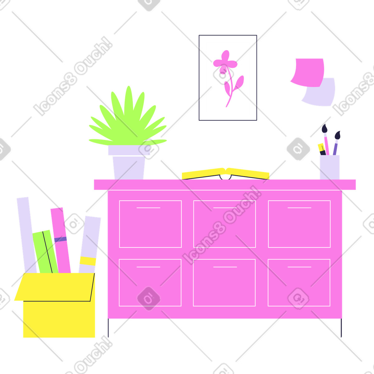 Illustration Intérieur de maison avec commode, plante d'intérieur et boîte rouleaux papier dans le style Mellow à télécharger aux formats PNG, SVG