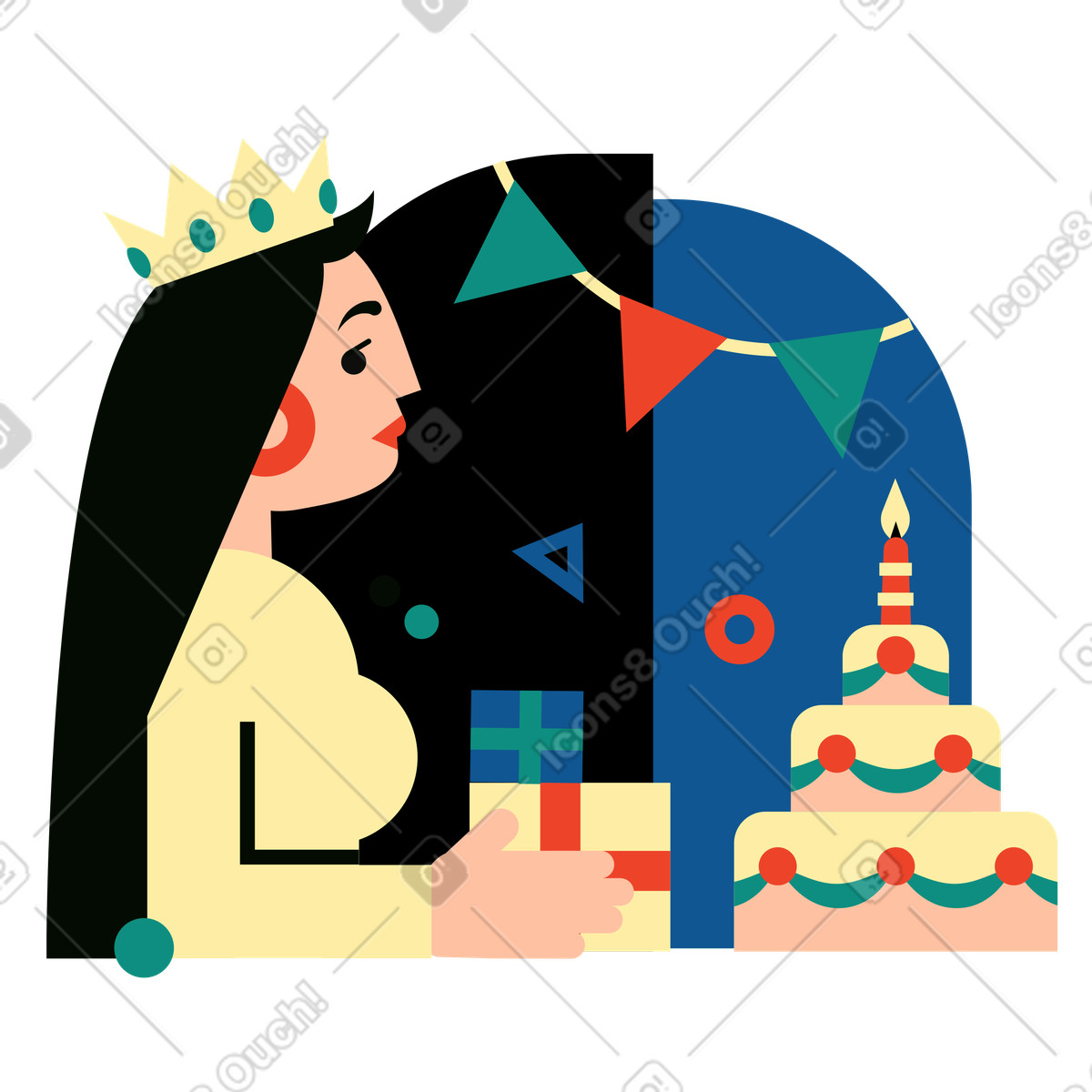 Polar 스타일의 선물과 케이크로 생일을 축하하는 여자 일러스트레이션 PNG, SVG 다운로드
