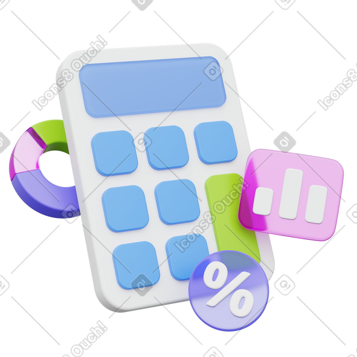 Market performance analysis, calculator with finance icons-Illustration im 3D Playful-Stil als Download in PNG, SVG