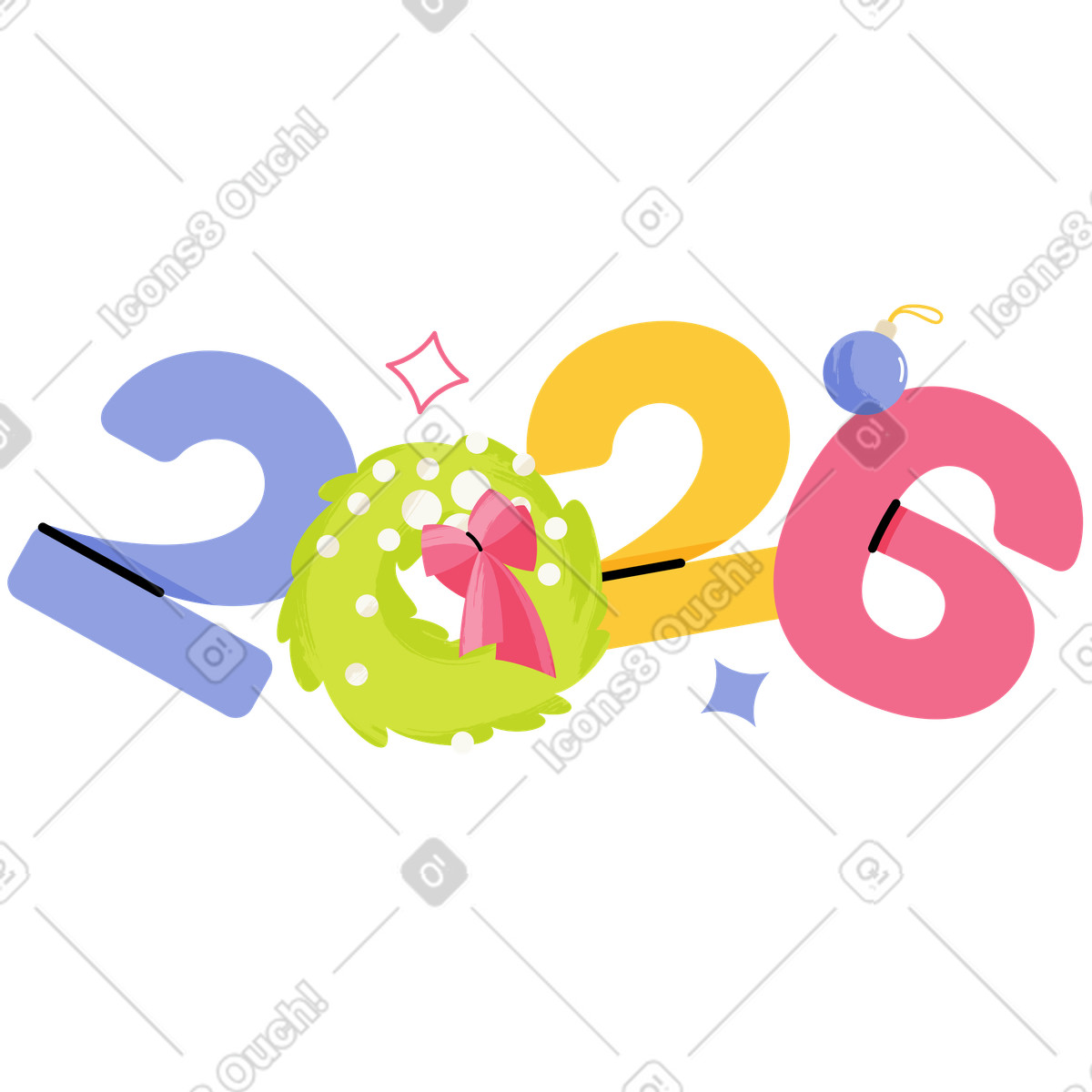 Juicy スタイルの Number 2026 decorated with festive wreath のイラストをPNG、SVG形式でダウンロード