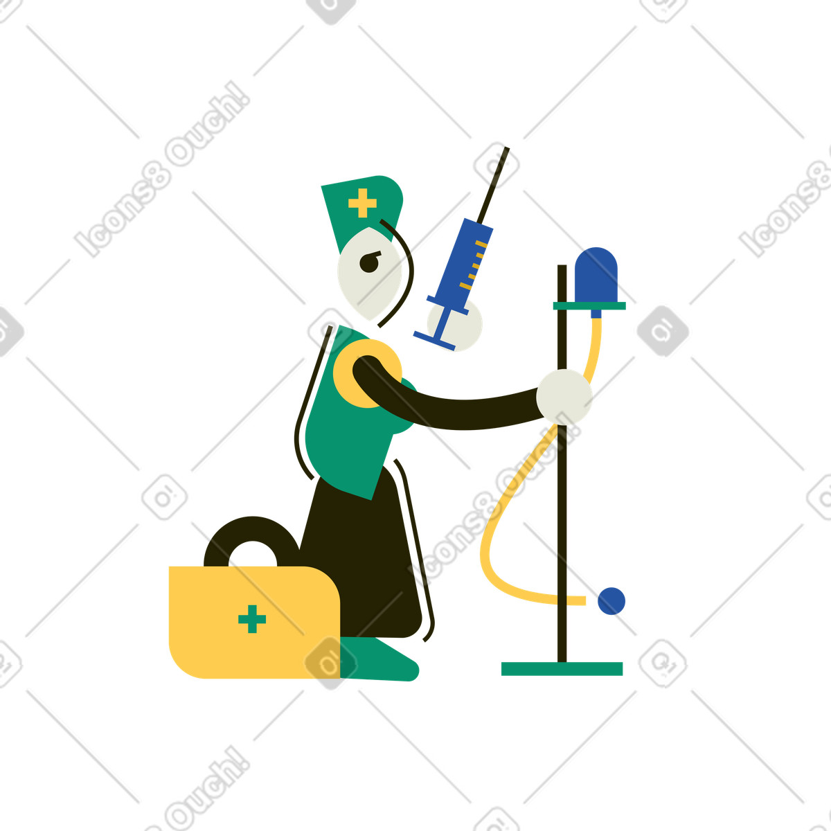 Illustration Infirmière avec seringue et compte-gouttes dans le style Spot à télécharger aux formats PNG, SVG