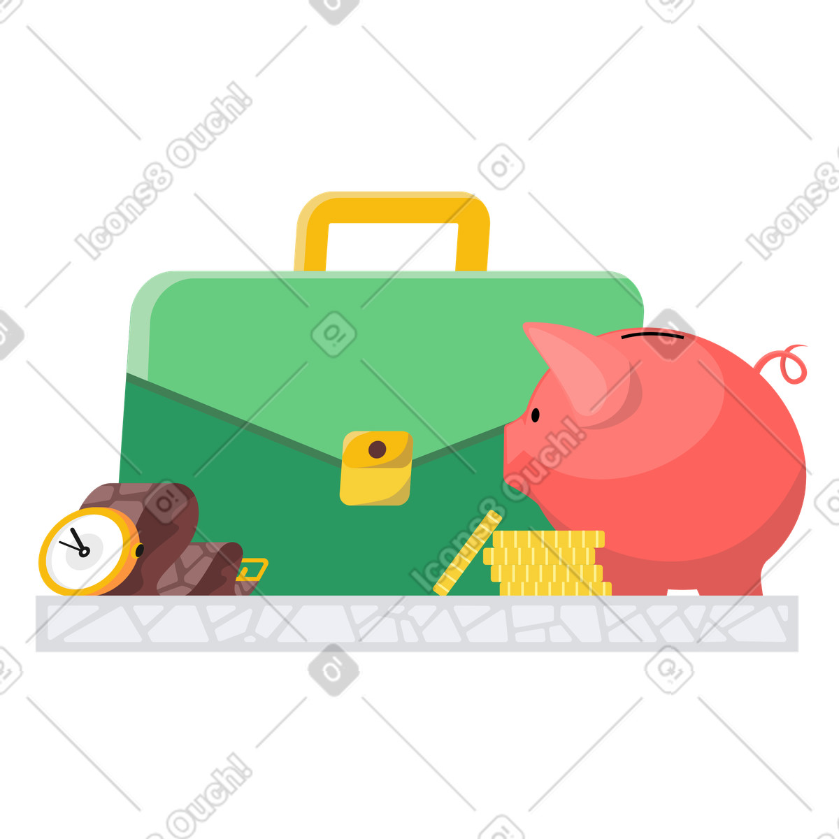 Valigetta, orologio da polso e salvadanaio con monete illustrazione in stile Jaconda scarica in PNG, SVG