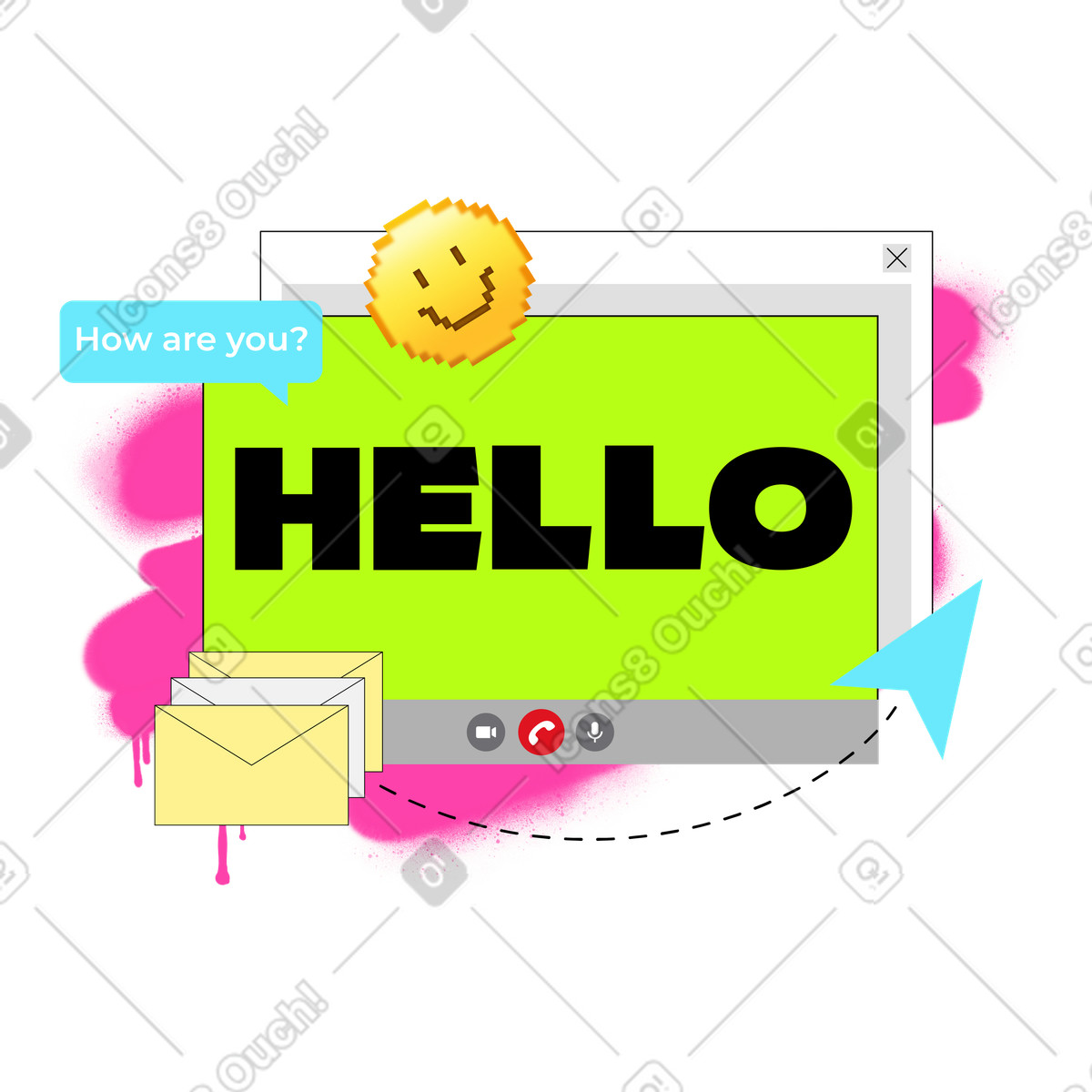 Lettering Hello in video call window with smile and envelopes text illustration Jumble style download PNG, SVG