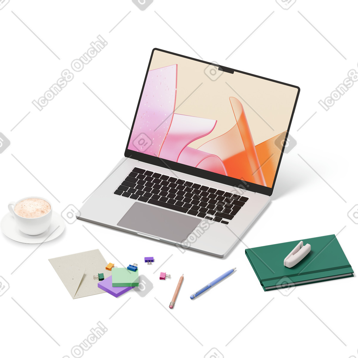 3D Hygge 스타일의 노트북, 봉투, 컵, 스티커 메모의 등각 투영 뷰 일러스트레이션 PNG, SVG 다운로드