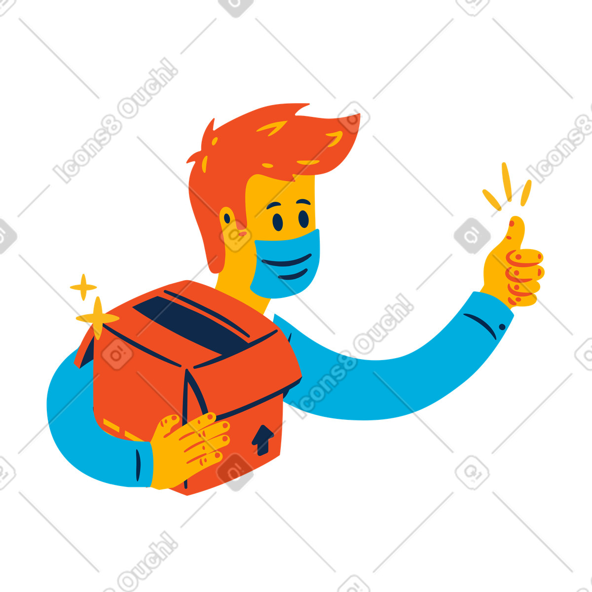 下载 Flame 风格的 Safe contactless package delivery by masked courier giving thumbs up 插画，支持 PNG、SVG 格式