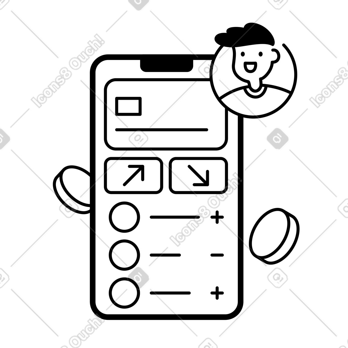 Notion Line Art 스타일의 Smartphone banking app interface with user avatar and transaction buttons 일러스트레이션 PNG, SVG 다운로드