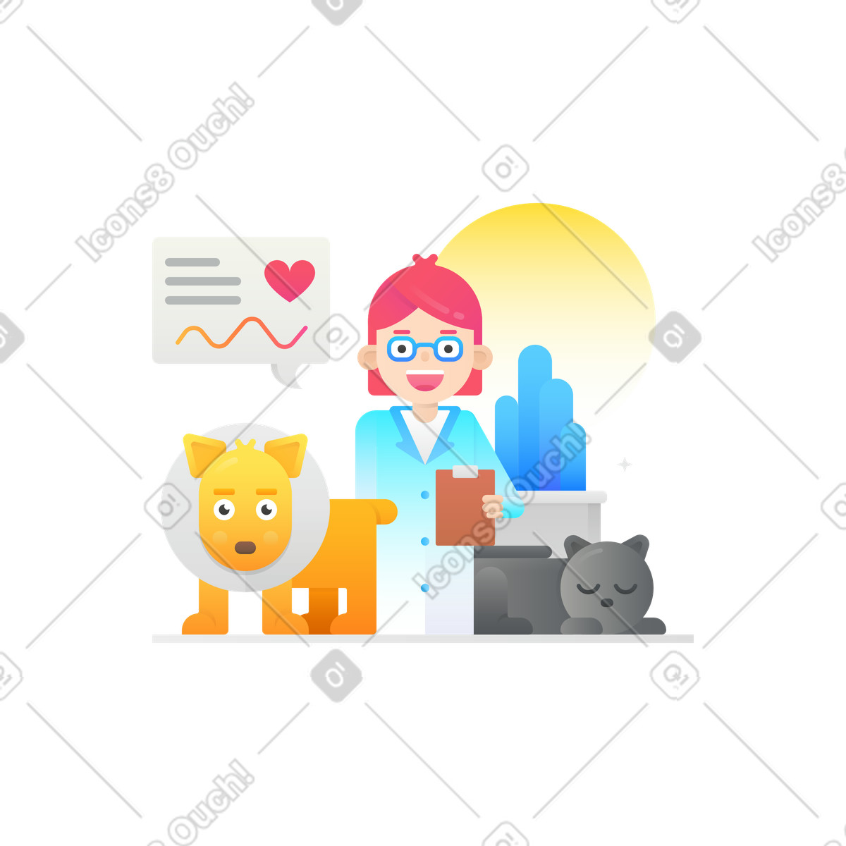 Animal care at animal shelter or vet clinic illustration in Hugo style download in PNG, SVG