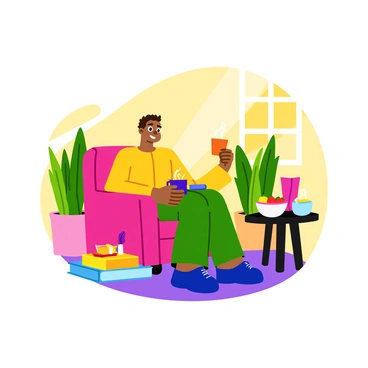 A man sitting comfortably on a soft, cushioned armchair in a cozy living room. He is wearing loose-fitting, comfortable clothing. Light streams in through a nearby window, giving a warm glow to the space. The man has a content expression on his face, and he holds a steaming cup of herbal tea in one hand. A small table next to him has a few self-care items, including a scented candle, a book, and a bowl of fresh fruit. A few houseplants are positioned around the room, adding a touch of green to the atmosphere.