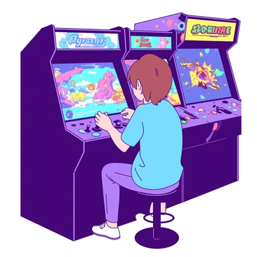 A person with short brown hair is intensely focused on an arcade game, sitting on a black stool in front of a large arcade machine. The arcade machine displays a vibrant game scene, with colorful characters and action. The person is wearing a blue t-shirt and is slightly leaning forward, gripping the joystick firmly with both hands. Surrounding the arcade machine are several other bright screens, each showcasing different games with dynamic visuals. Colorful lights flash in the background, creating a lively atmosphere filled with excitement and energy.