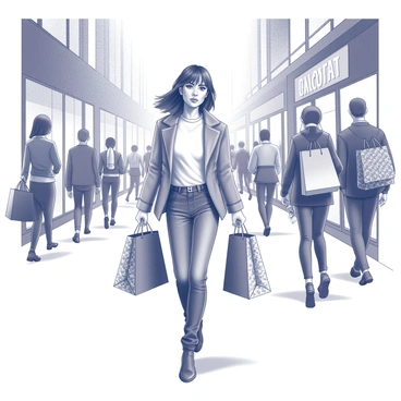 Barbie carrying shopping bags from 80s fashion boutiques on a bustling street