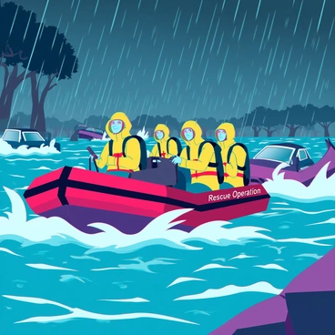 Rescue teams in bright yellow rain gear are navigating flooded streets on sturdy boats. The scene is chaotic, with water swirling around them under a dark, stormy sky filled with heavy rain. The boats are powered, cutting through the turbulent waters, while team members hold onto safety ropes and equipment. In the background, submerged cars are barely visible above the water's surface, and trees sway violently in the wind. The determination on the faces of the rescuers reflects their commitment to saving those in need amidst the escalating storm surge. "Rescue Operation" is emblazoned on the side of the boats, highlighting the urgency of the situation.