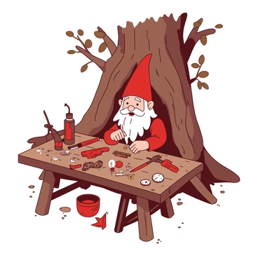 A gnome's workshop with tiny tools and gadgets nestled under a tree root