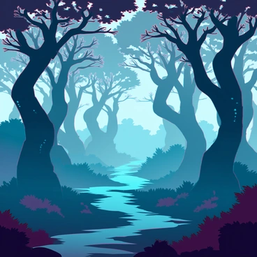 A mystical haunted forest filled with twisted trees that have gnarled branches and moss-covered trunks. The forest floor is littered with dark, decaying leaves. An eerie fog rolls through the trees, shrouding the area in a ghostly mist, partially obscuring the view of the paths that wind between the trees. Ethereal blue and green lights flicker among the branches, creating an otherworldly atmosphere. Shadows loom in the distance, suggesting the presence of unseen supernatural beings lurking among the trees.