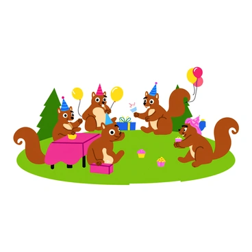 A group of squirrels wearing colorful, tiny party hats. Each squirrel holds a small balloon in its paws, with various shades of red, blue, and yellow. They are gathered around a small table decorated with a vibrant tablecloth. There are tiny cupcakes with sprinkles on the table. The scene is lively, with some squirrels playfully chasing each other. One squirrel is sitting atop a small gift box, looking excited. The background features green grass and a few trees, adding to the festive atmosphere.