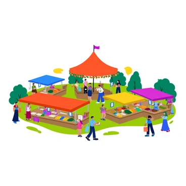 A lively village market featuring various stalls arranged around a central gazebo. The stalls are adorned with colorful awnings and display an assortment of fresh fruits, vegetables, and handmade crafts. Shoppers are browsing and interacting with vendors, creating a bustling atmosphere. The gazebo stands tall in the center, decorated with flowers and lights, serving as a focal point for the market. Children can be seen playing nearby, adding to the vibrant energy of the scene. Bright banners and signage hang from the stalls, enhancing the festive setting.