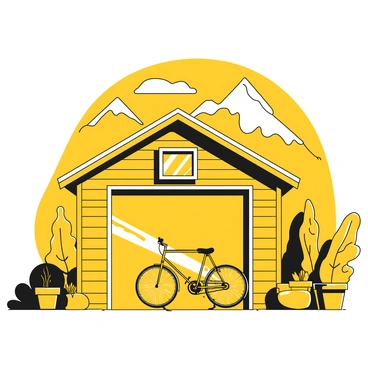 A small garage with a wooden exterior and a slightly weathered roof stands prominently. The garage door is open, offering a clear view of a panoramic mountain landscape. In the background, towering mountains rise majestically, their peaks dusted with white snow. In the foreground, a few potted plants sit beside the garage, adding a touch of greenery. Sunlight filters through the open door, illuminating the interior of the garage where a bicycle leans against the wall.