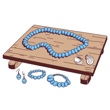 A blue conch shell necklace is elegantly arranged on a rustic wooden table. Next to the necklace, there are several pairs of delicate earrings made from conch shells, each with intricate designs. A few conch shell bracelets are also displayed, their soft curves catching the light. The wooden table has a weathered texture, adding a warm contrast to the smooth jewelry pieces.