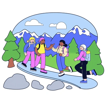 A group of four friends is hiking up a winding mountain trail. The friends are wearing colorful outdoor gear, including backpacks and hiking boots. Lush green trees line the sides of the trail, and rocky outcrops are visible in the background. The sky is clear blue with a few fluffy white clouds. The friends are smiling and laughing as they ascend, with one person pointing towards the peak ahead. In the distance, majestic mountains rise, showcasing their rugged peaks and valleys.