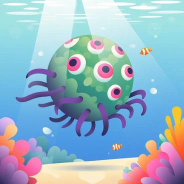 A large, multi-eyed beholder is swimming gracefully through a vibrant underwater coral reef. Its spherical body has a mottled green and purple texture, with its numerous eye stalks gracefully gliding through the clear water, each eye wide open and observing its surroundings. The coral reef is rich with colorful corals in shades of pink, orange, and yellow, providing a striking contrast to the beholder. Small, tropical fish dart around the coral, their scales shimmering in the light. Sunlight filters down through the surface of the water, casting dappled patterns on the sandy ocean floor below.
