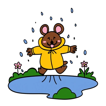 A dackel with a short, smooth coat and large ears is joyfully splashing through puddles. It is wearing a tiny yellow raincoat that fits snugly, with the coat reflecting the water droplets around it. The dackel has an excited expression, with its tongue out and eyes wide. Surrounding the puddles are green grass and small flowers, with rain falling gently in the background.