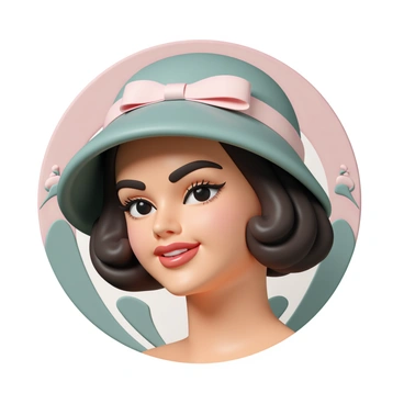 A close-up of a woman's face with elegant features, wearing a stylish cloche hat adorned with a ribbon. She has dark, wavy hair peeking out from under the hat. The woman's expression is confident, with bold red lipstick and defined eyebrows. Her eyes are accentuated with subtle makeup, giving a glamorous look. The background consists of soft, muted colors that complement her features, with an art deco pattern subtly integrated behind her. The overall composition conveys a sense of vintage charm and sophistication.