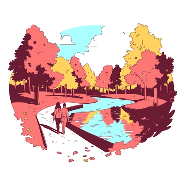 A duotone illustration depicting an autumn scene in Fulda. The park is filled with trees, their leaves in vibrant hues of color, gently falling to the ground. A tranquil river flows through the scene, reflecting the colors of the leaves and the sky above. In the foreground, a pathway meanders through the park, covered in a layer of fallen leaves. A couple is walking hand in hand along the path, surrounded by the beauty of nature as they enjoy the serene atmosphere of the autumn day.