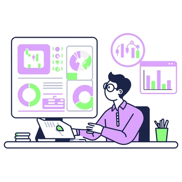 An analyst is sitting at a modern desk, wearing glasses while intently studying multiple screens. The screens are filled with various charts and graphs. One screen displays a colorful pie chart, while another features a line graph with a clear upward trend. To the right, there is a bar chart comparing different datasets. The analyst has short hair and wears a blue button-up shirt. On the desk, there is a notepad with notes and a green cup filled with pens. The room has a sleek, professional appearance with a soft glow from overhead lighting.