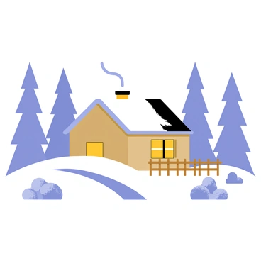 A snowy winter landscape featuring a cozy cabin nestled among the trees. The cabin has a warm yellow glow coming from the windows, with smoke curling gently from the chimney. Snow blankets the ground and the branches of the surrounding pine trees, creating a serene white backdrop. In the foreground, there are small snow-covered bushes and a wooden fence leading up to the cabin. The sky is a pale blue, suggesting a clear winter day. 