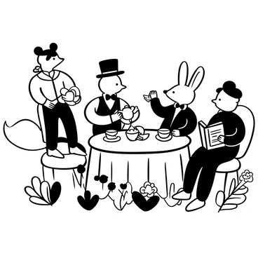A group of whimsical animals gathered around a small table set for tea. A fox wearing a top hat and a waistcoat is pouring tea from a fine china teapot into delicate cups. Next to the fox, a rabbit in a floral dress sits, holding a plate of assorted pastries. A bear in a bow tie is reaching for a cupcake, while a squirrel dressed in a blazer is reading a book about tea etiquette. The table is adorned with a lace tablecloth and surrounded by vibrant flowers, creating a cheerful atmosphere for the gathering.