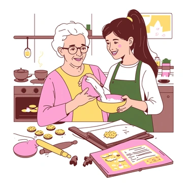 A white-haired grandmother with glasses is standing beside her granddaughter, who has long brown hair tied in a ponytail. They are in a bright kitchen filled with baking tools and ingredients. The grandmother is holding a mixing bowl while the granddaughter is pouring flour into it. Both are smiling at each other, radiating warmth and happiness. The countertop is scattered with cookie dough, cookie cutters, and a rolling pin. A batch of cookies is baking in the oven, and there is an open recipe book with vibrant images on the counter.