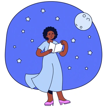 Maya Angelou reciting poetry by moonlight, with ethereal lighting and stars in the sky