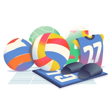 A collection of volleyball equipment like knee pads, balls, and jerseys laid out