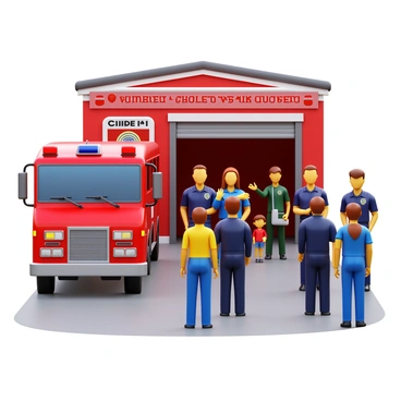 A group of firefighters in their uniforms standing outside a firehouse. The firefighters are interacting with community members, including children and adults. There is a fire truck parked in front of the firehouse, and banners that read "Community Meet-and-Greet" are hanging in the background. Some firefighters are demonstrating equipment while others are engaging in conversation with the visitors. The atmosphere is lively and welcoming, with smiles on everyone's faces.