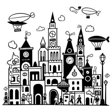 A steampunk cityscape with airships and clockwork elements, in the style of Steve Ash