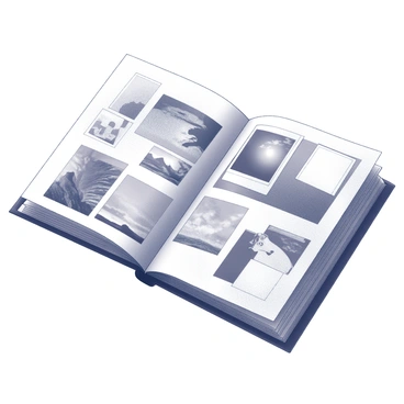 A photo album with a variety of images and illustrations arranged in a creative layout. The album pages feature a mix of photographs including landscapes, portraits, and abstract designs. Various textures, such as paper and fabric, are incorporated to create depth. Each section of the album showcases a unique combination of visual elements, with overlapping images and playful arrangements, inviting the viewer to explore the diverse content.