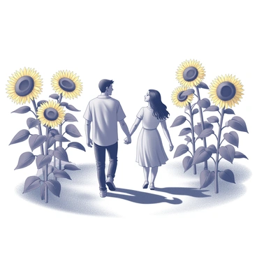 A couple walking hand-in-hand through a field of sunflowers