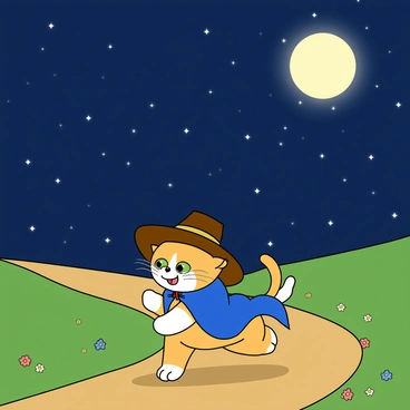 A small anthropomorphic cat with a playful expression, wearing a large brown hat and a blue cloak, walks confidently along a winding path. The cat has striking green eyes and a mischievous smile. Above him, a vast, starry sky is filled with twinkling stars and a bright, full moon that casts a soft glow over the scene. The moonlight highlights the cat's fur, making it shimmer in the dark. The ground is lined with small, colorful flowers, adding a splash of color to the earthy path. The atmosphere is lively and whimsical, capturing the essence of adventure in the night.