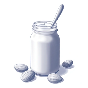 A glass jar filled with creamy almond butter is positioned upright on a clean surface. The jar features a metal lid that is slightly ajar. A silver spoon is inserted into the jar, partially immersed in the smooth almond butter. Beside the jar, there are several whole almonds scattered around, showcasing their rough texture and natural shape. The almonds vary in orientation, some resting on their sides while others stand upright, creating a dynamic composition.