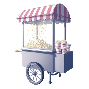 A classic popcorn cart with a polished metal frame and a large glass display window. The cart features a red and white striped canopy providing shade. Fresh popcorn is spilling out of the top, creating a cascade of fluffy kernels. The cart has wooden wheels, and a brass handle is visible for steering. There are neatly arranged popcorn containers on the side, showcasing various sizes for customers.