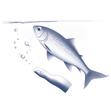 A fish is gracefully swimming in clear water, its body gliding effortlessly through the liquid. Nearby, a finger is submerged, partially visible below the surface. The finger extends outward, with soft ripples forming around it as the fish navigates. Light refracts through the water, casting delicate patterns around the finger. The scene captures the dynamic movement of the fish in contrast to the stillness of the finger.