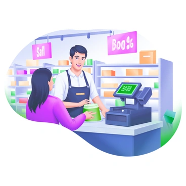 A smiling retail worker assisting a customer at a cash register